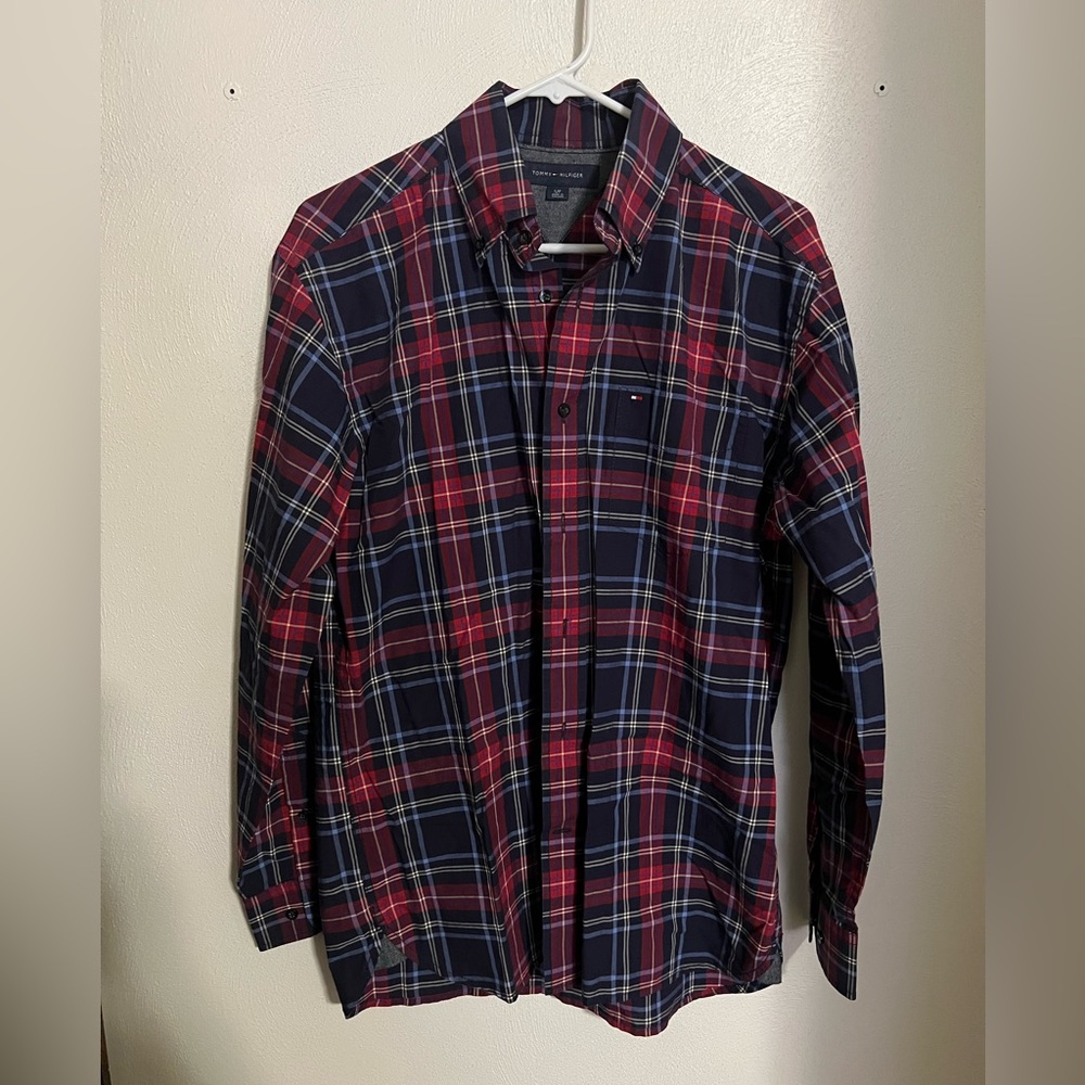 TOMMY HILFIGER Classic Regular Fit Plaid Button Down Shirt Navy Red Men's Sz S
